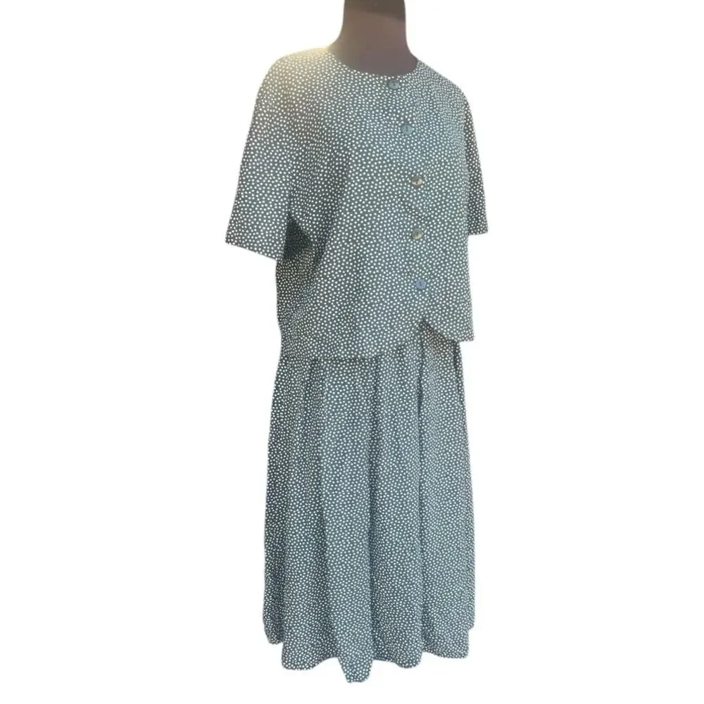 Vtg 90s Green Polka Dot Blouse Matching Midi Skirt Coord Set M  Femme Tradwife